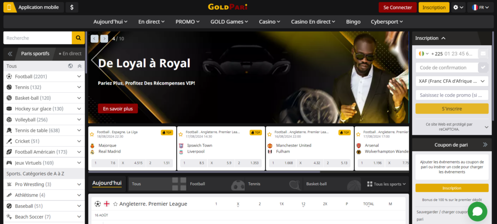 Interface du site Gold Pari