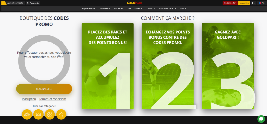 Magasin de codes promotionnels Gold Pari